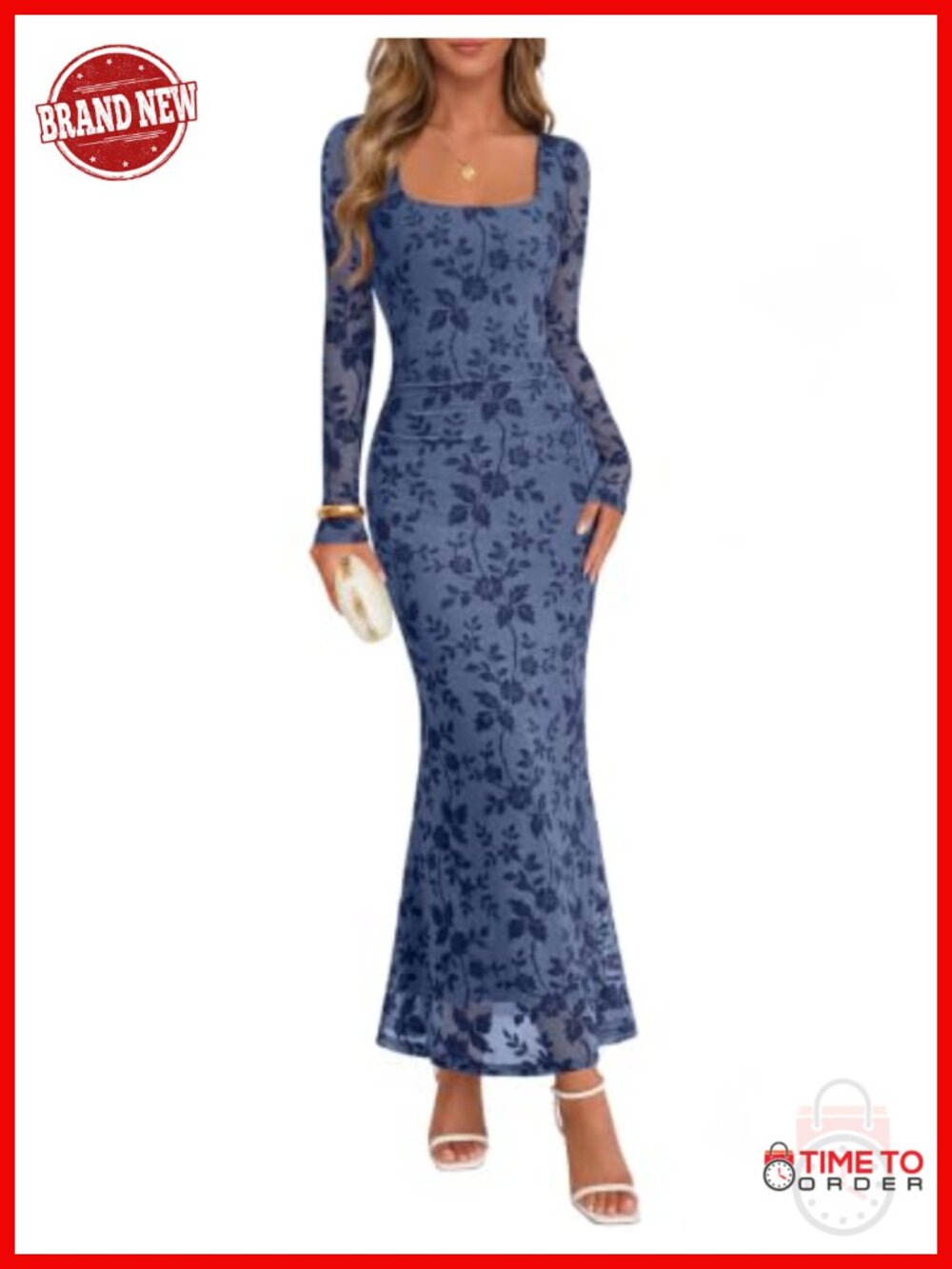 Flocked Floral Mesh Square Neck Mermaid Long Sleeve Maxi Dress